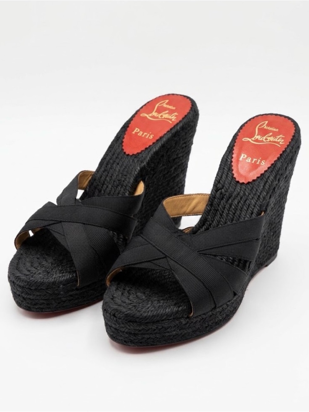 Christian Louboutin Black Woven Espadrille Wedge Sandals Fair condition